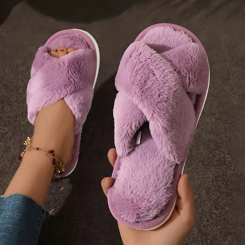 Women's Cross Band Fuzzy Slippers
