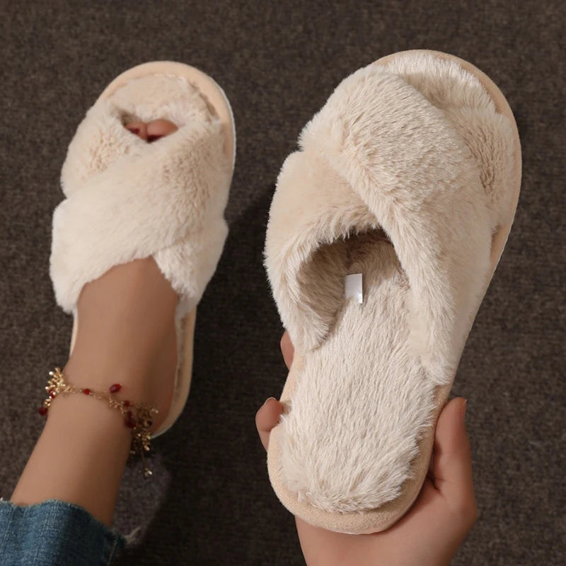 Women's Cross Band Fuzzy Slippers