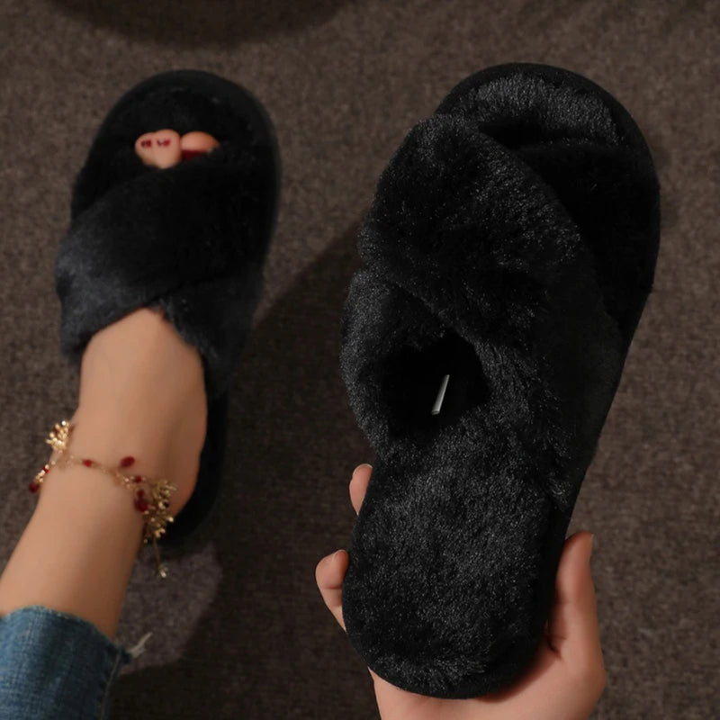Women's Cross Band Fuzzy Slippers