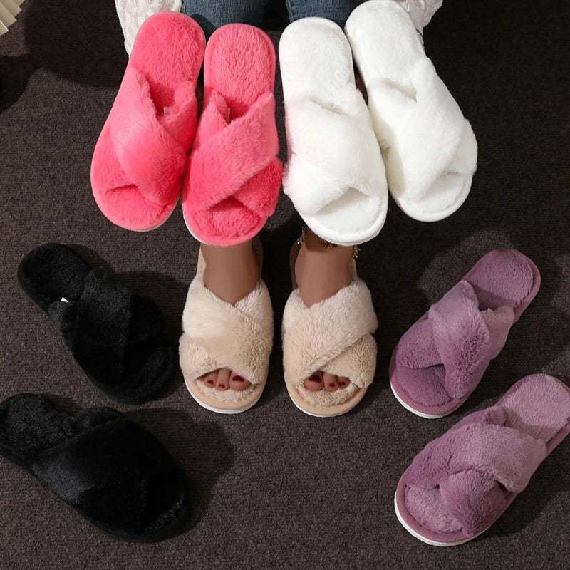 Women's Cross Band Fuzzy Slippers