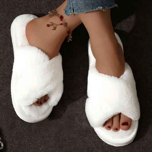 Women's Cross Band Fuzzy Slippers