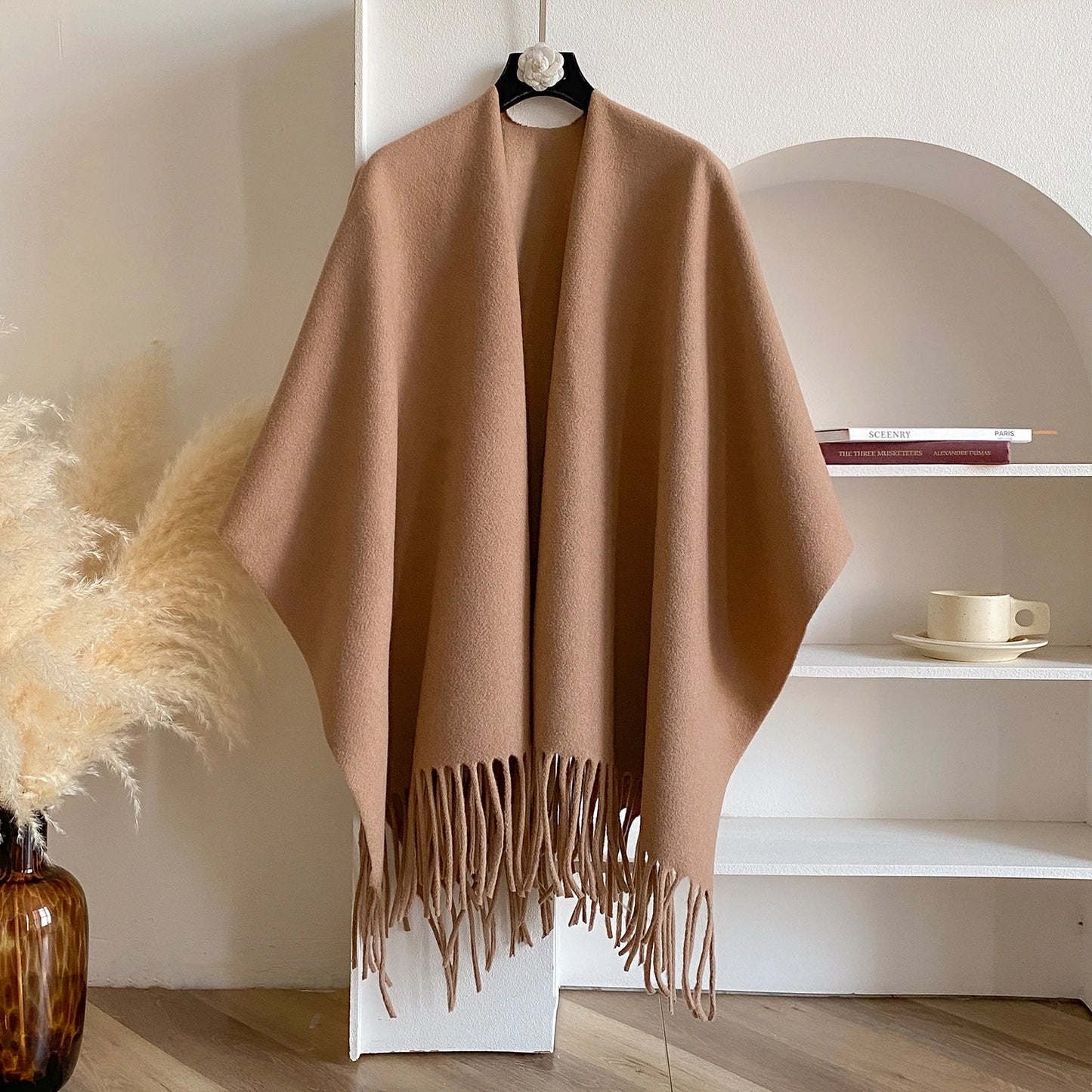Women's Cashmere Tassel Shawl - Soft Draped Shoulder Layer