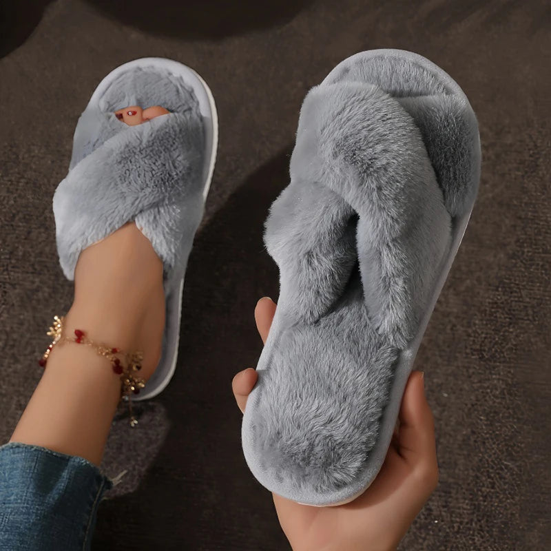 Women's Cross Band Fuzzy Slippers