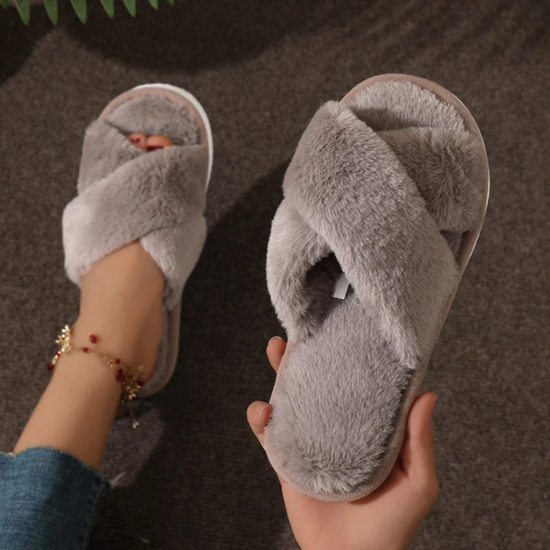 Women's Cross Band Fuzzy Slippers