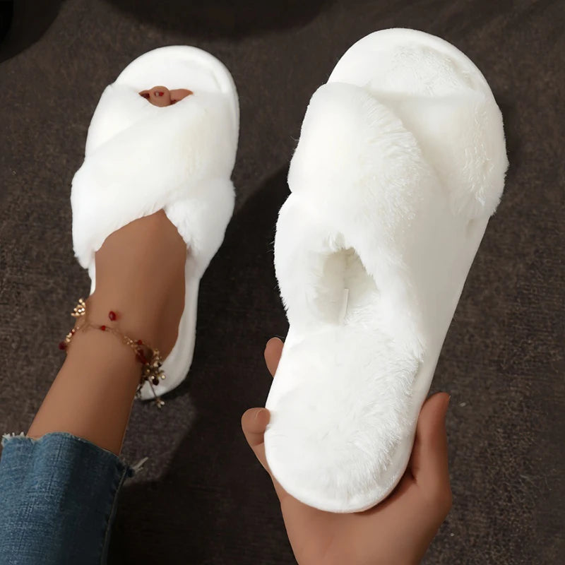 Women's Cross Band Fuzzy Slippers